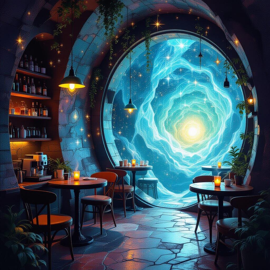 Hidden Pocket Dimension Café With Luminous Constellations