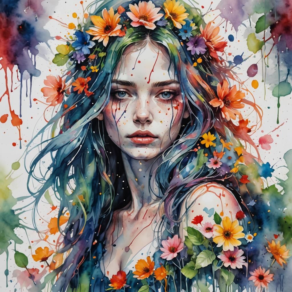 Floral Woman Watercolor Painting in Luminist Style
