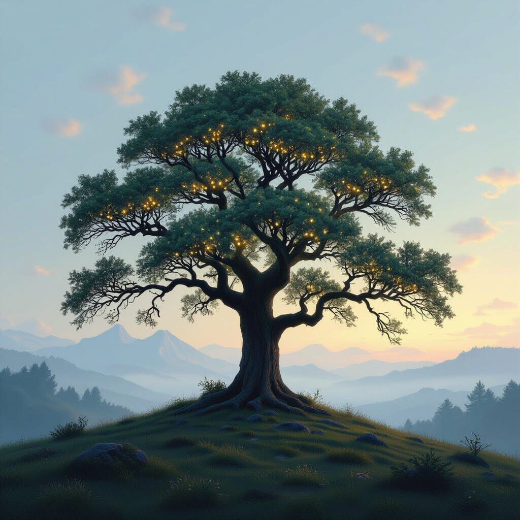 Bioluminescent Tree in Misty Landscape, Romantic Painting