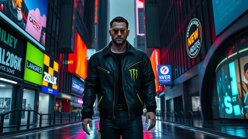 Cyberpunk Cityscape with Neon-Lit Skyscrapers and Holographi...