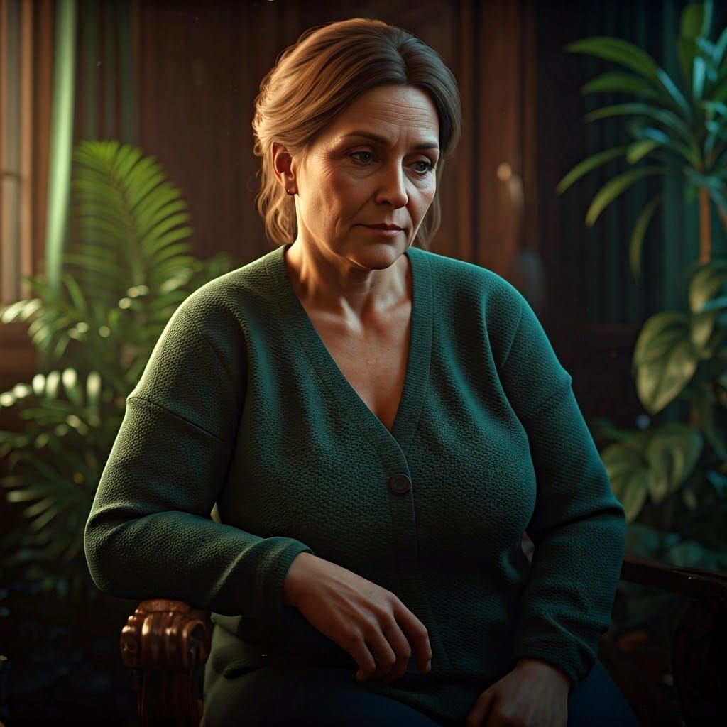 Contemplative Woman in Interior, Realistic Portrait