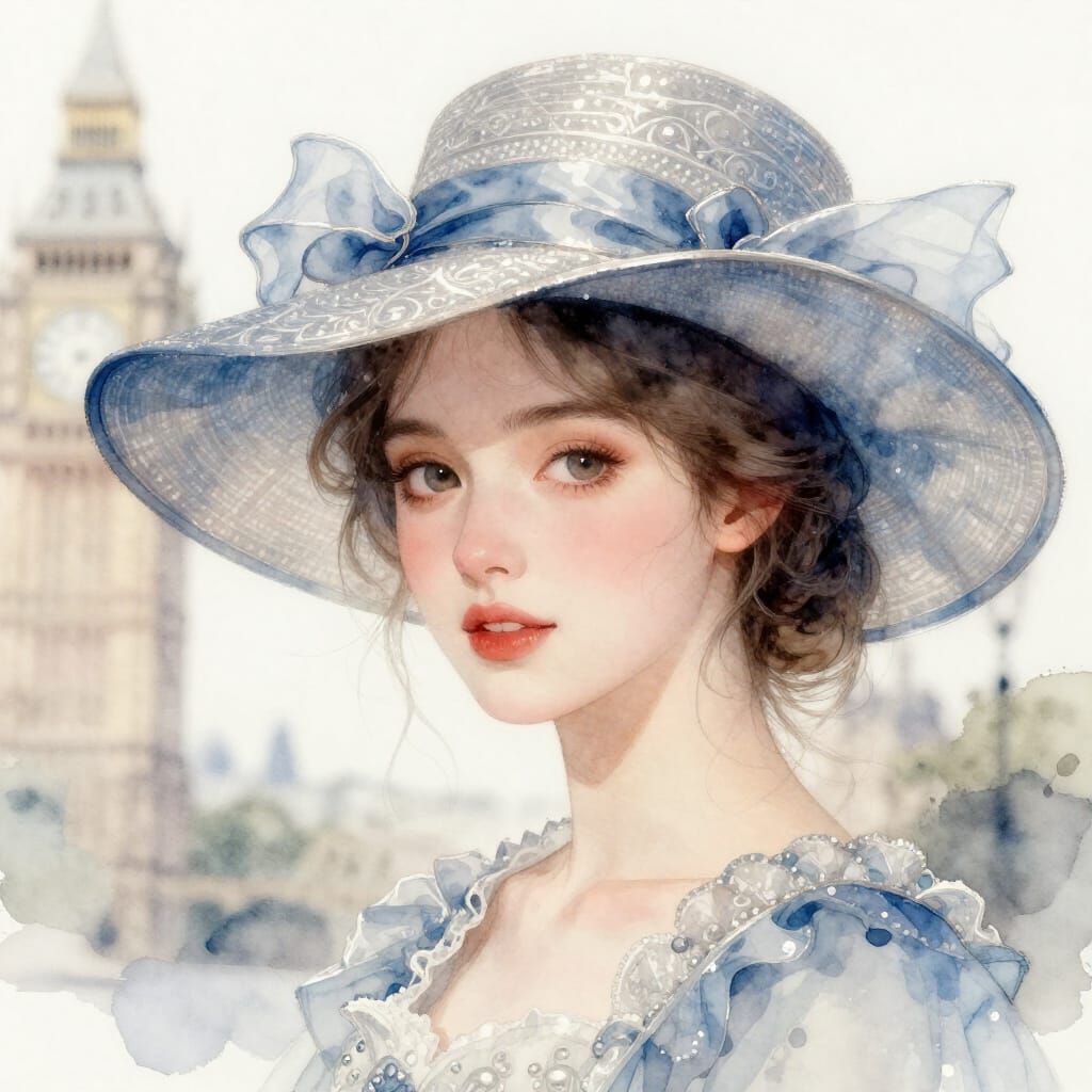 Ethereal Woman in Blue Silver Hat London Watercolor Portrait