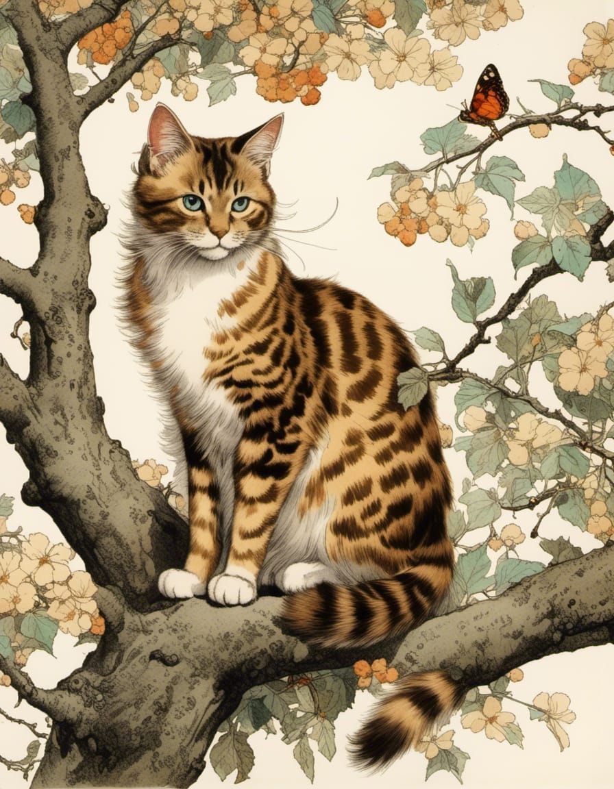 Vintage Ink Drawing of Brown Cat on Branch