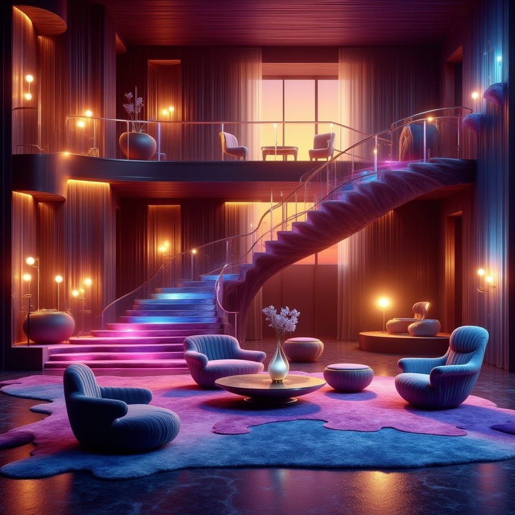 Luxurious Home Interior with Glowing Lamps & Sunset Views