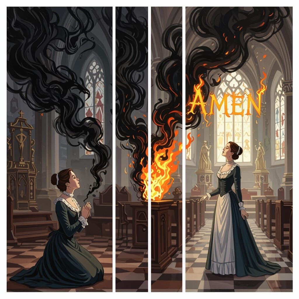 Manga Style Prayer Ignites Smoke in Oil Painting