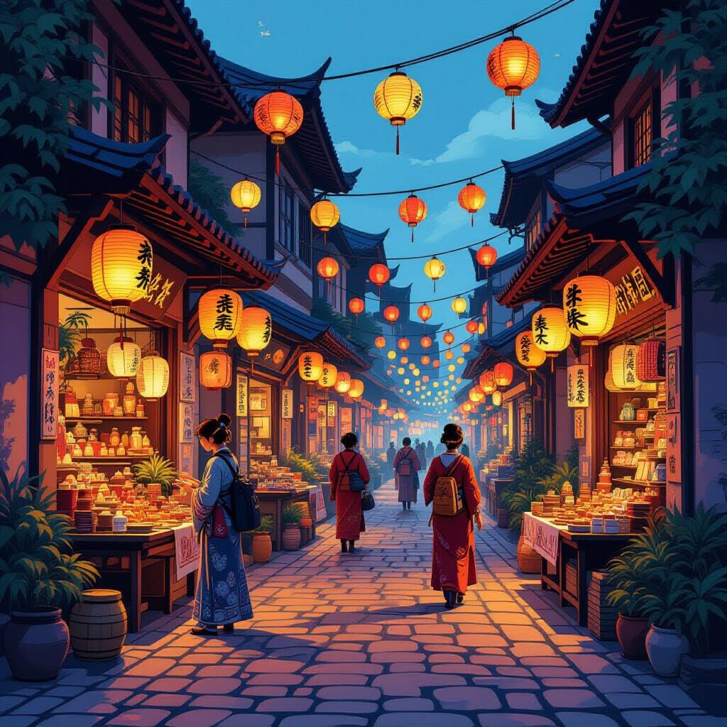 Vibrant Night Market Scene with Paper Lanterns