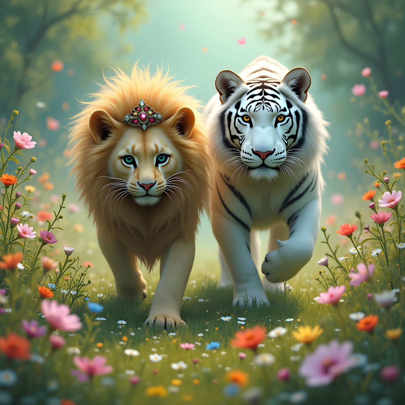 Enchanted Field with Elf Princess and Mystical Beasts