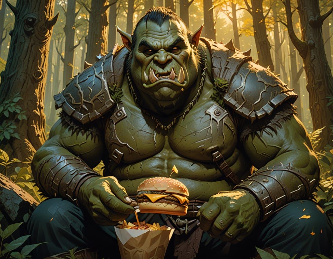 Orc Enjoying Big Mac in Forest, Digital Art