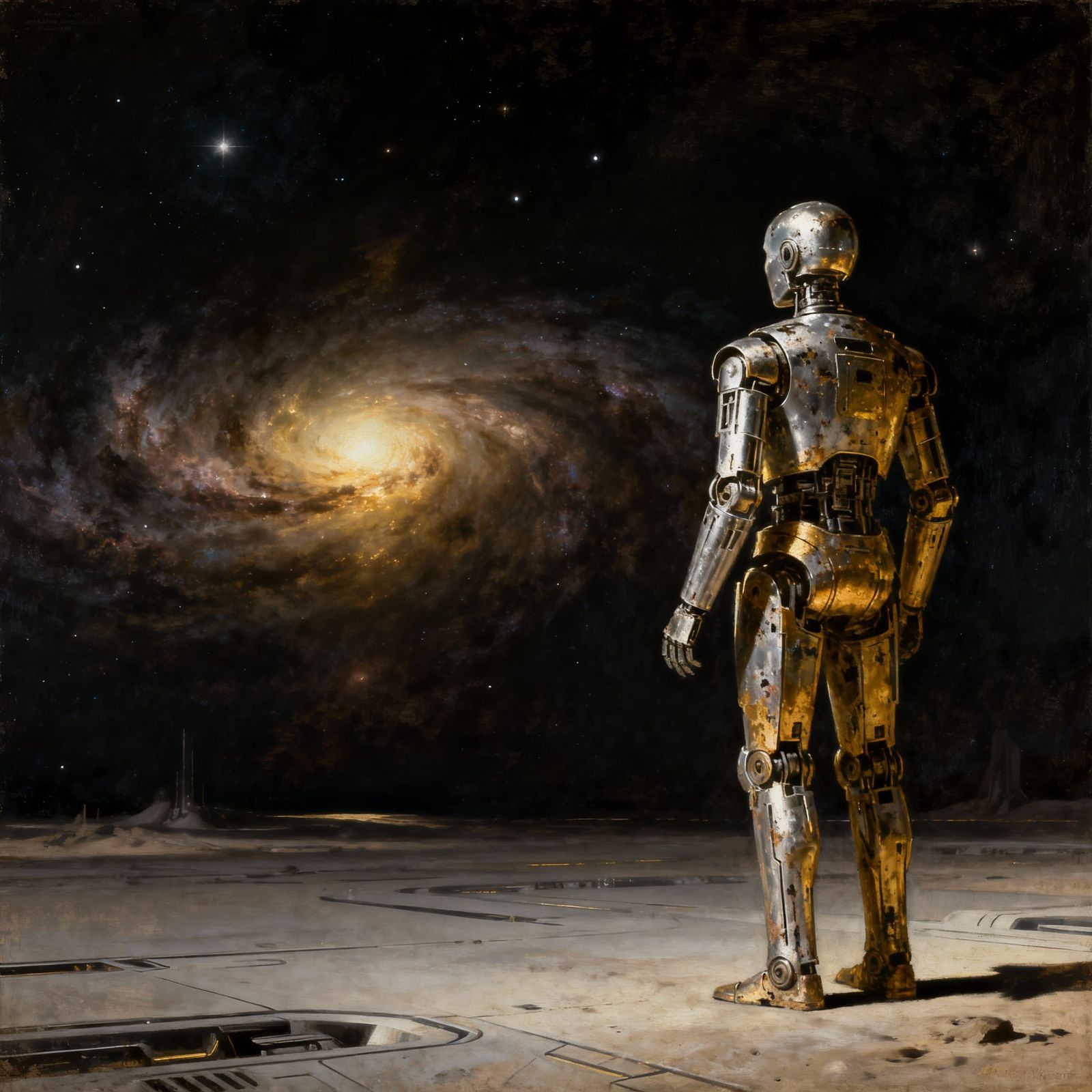 Lone Cyborg Contemplates Cosmic Nebula in Ultra-Realistic St...