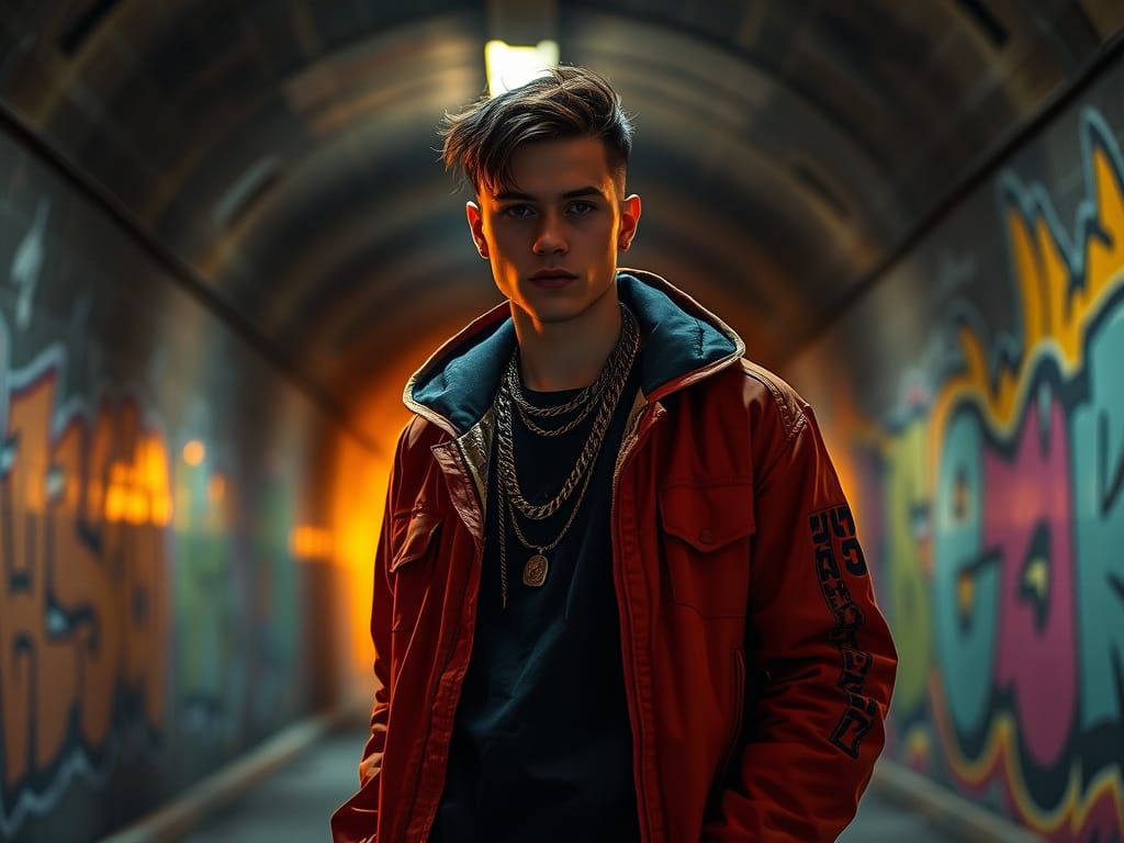 Trendy Man in Tunnel with Graffiti, Hyperrealistic Style