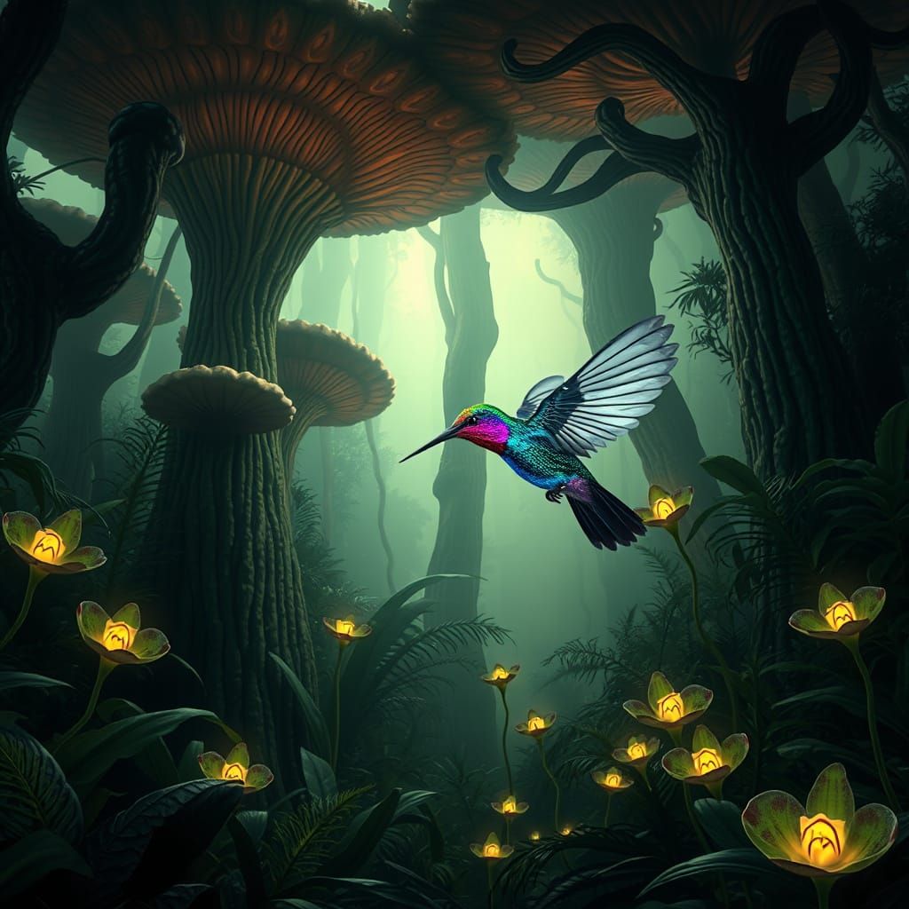 Bioluminescent Hummingbird in Alien Jungle, Photorealistic S...
