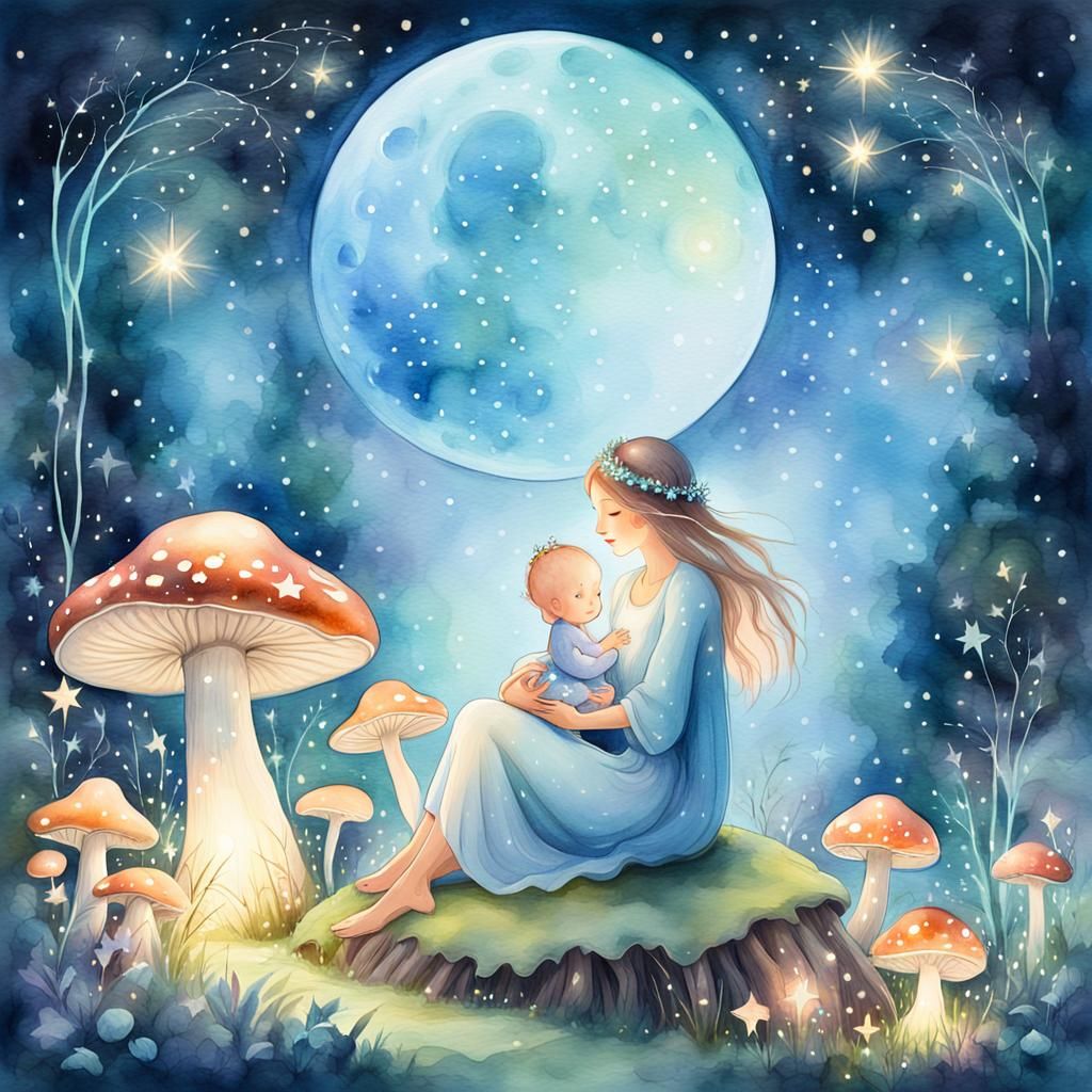 Celestial Garden: Mother and Baby in Watercolor Style