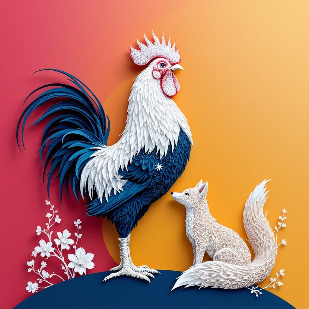Papercraft Rooster and Fox in Vibrant Gradient
