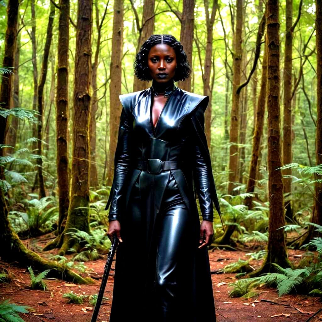 Sith Lady in Dark Forest, Futuristic Leather Outfit