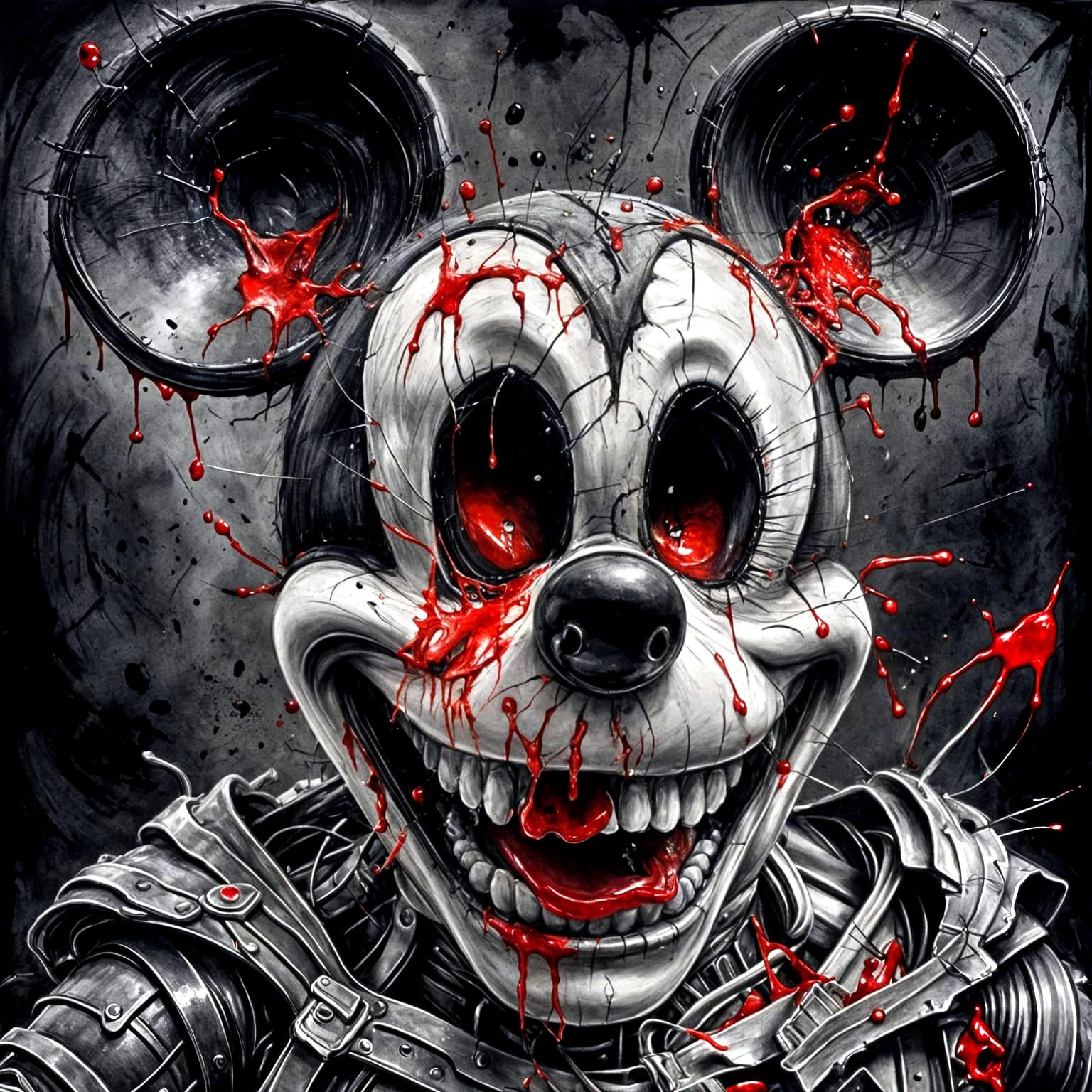 Deadly Gory Micky Mouse: Hyperdetailed Charcoal Drawing