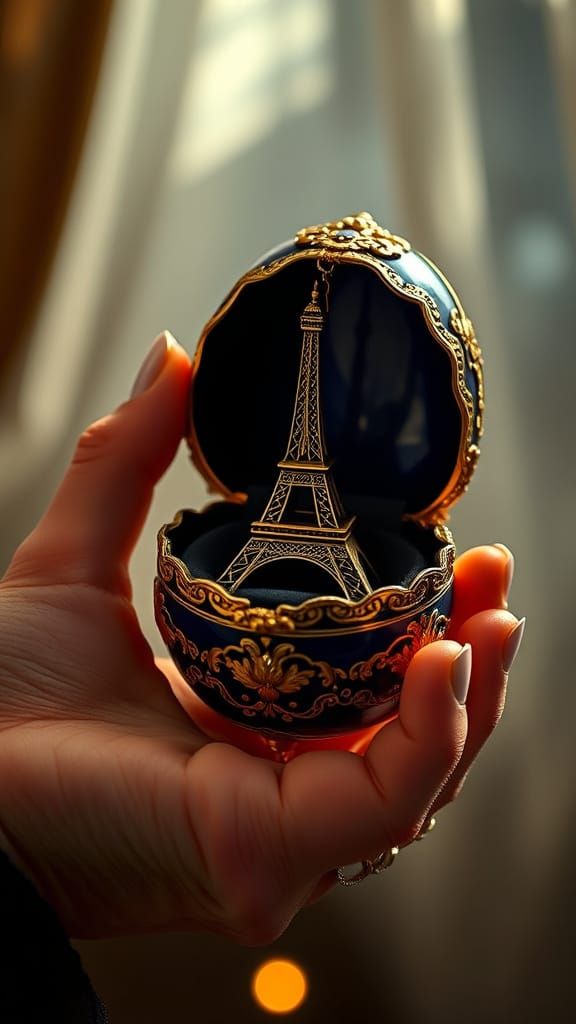 Luxurious Hand Holds Golden Fabergé Egg with Miniature Eiffe...