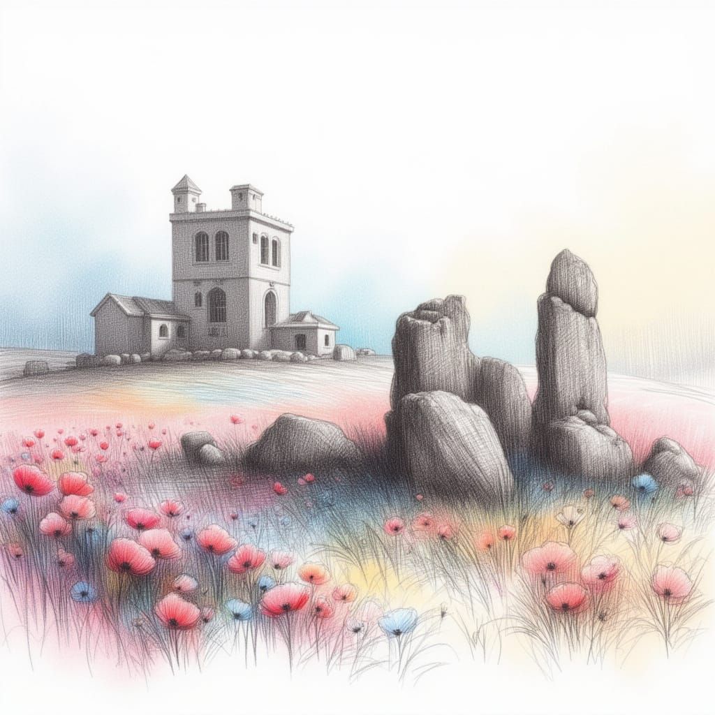 Irish Standing Stones Sketch in Soft Pastel Hues