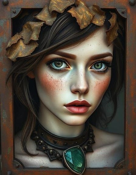 Ethereal Woman Portrait with Green Eyes and Rusty Texture