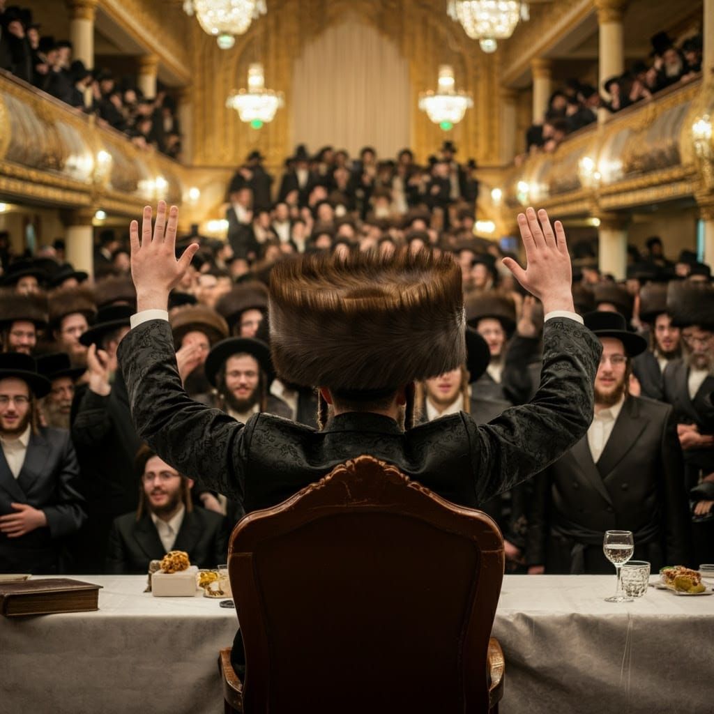 Young Hasidic Man in Furry Shtreimel Celebrates in Regal Set...