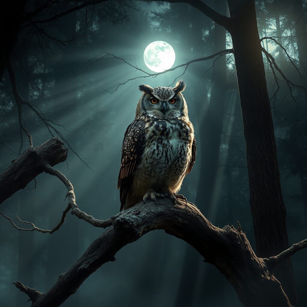 Ancient Owl in Moonlit Misty Forest