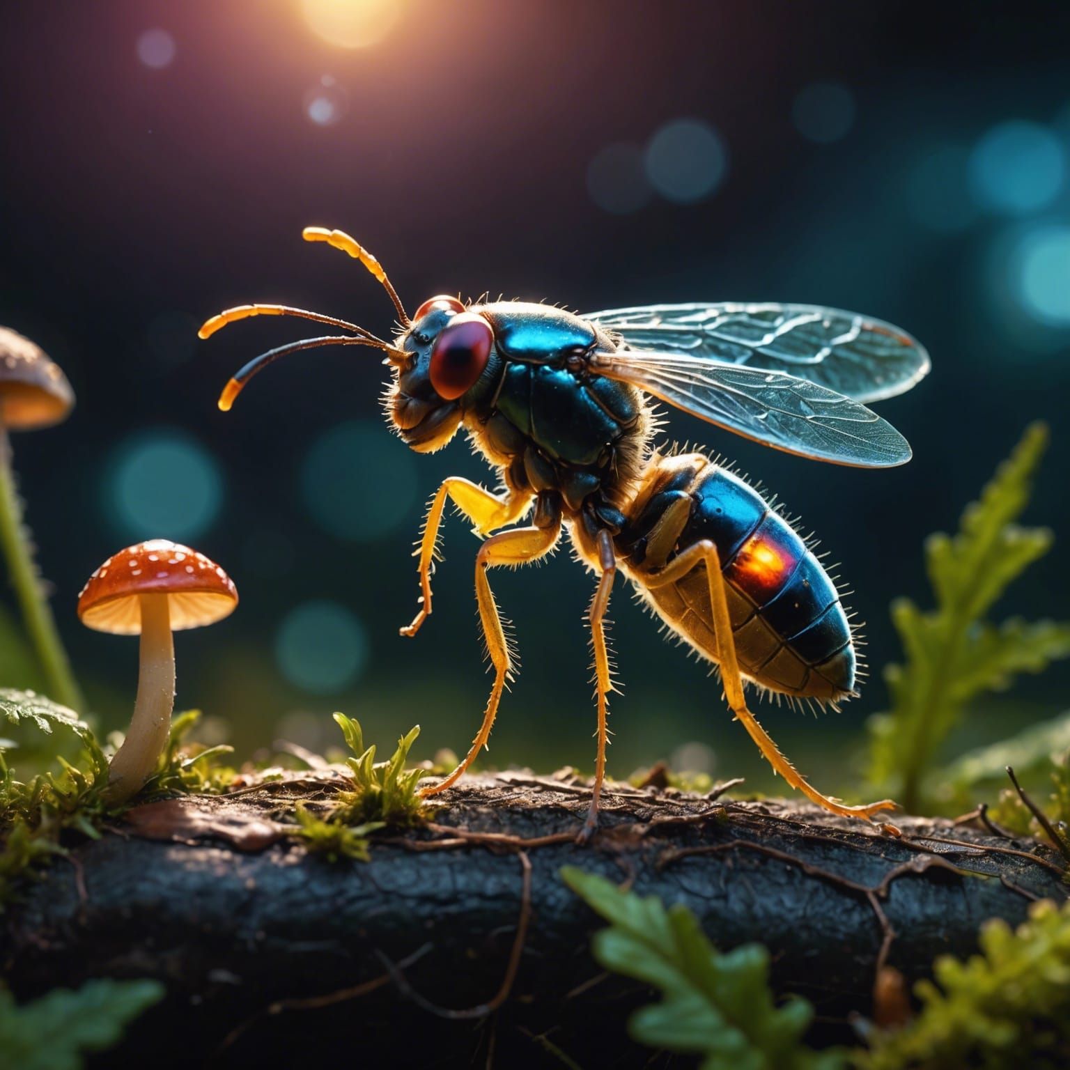 Firefly Illuminates Mushroom in Ultra HD Macro