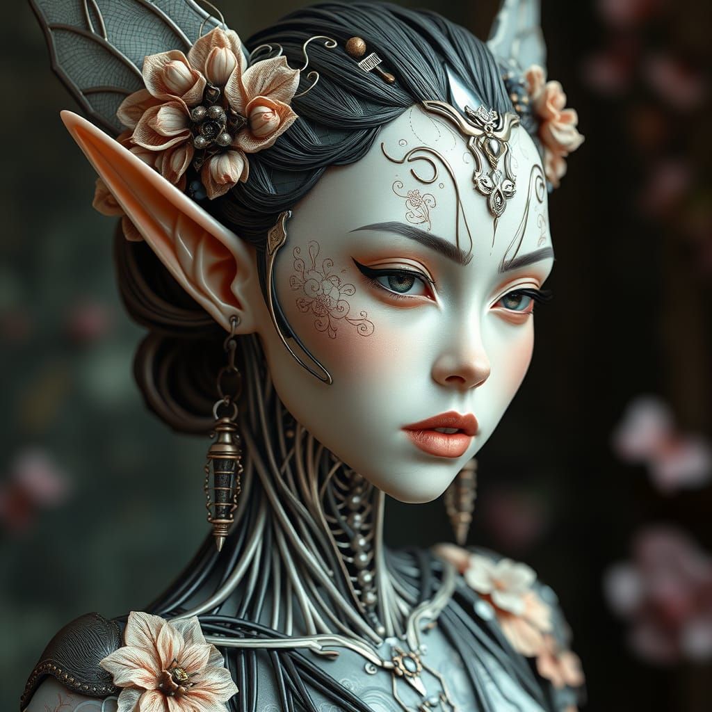 Cyborg Elf with Floral Etchings in Futuristic Style