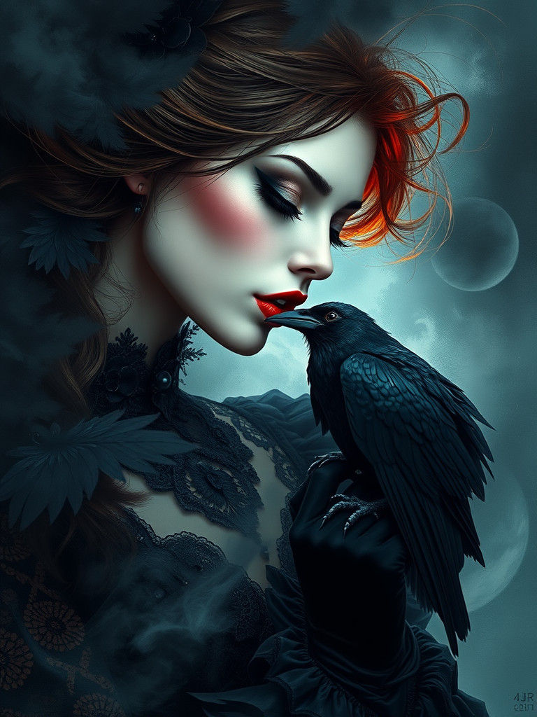 Gothic Woman Kissing Raven in Dark Surrealism