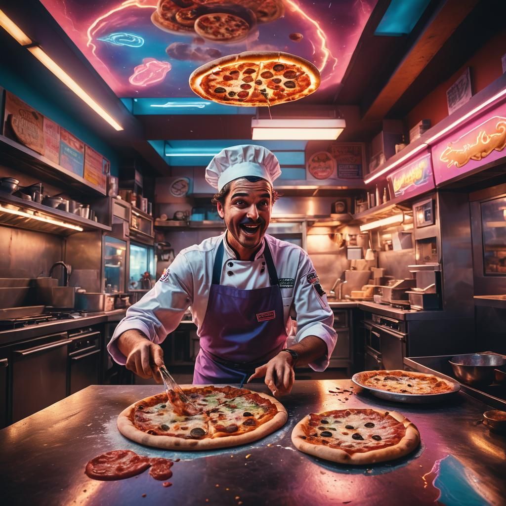 Synthwave Pizza Chef in Neon Pizzeria