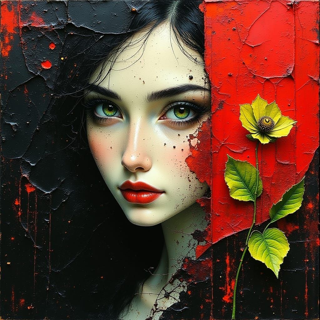 Woman's Face with Green Eyes in Red and Black