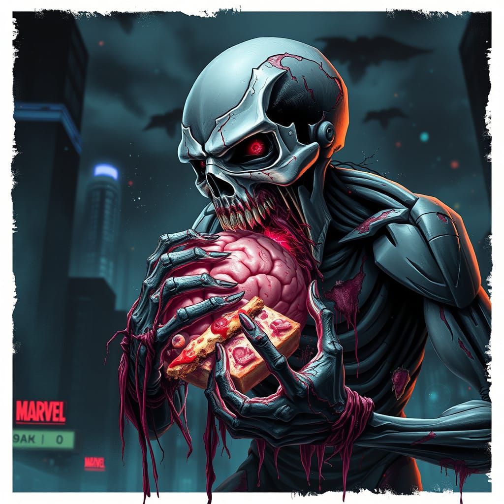 Zombified Superhero Devours Brain in Dark Cityscape