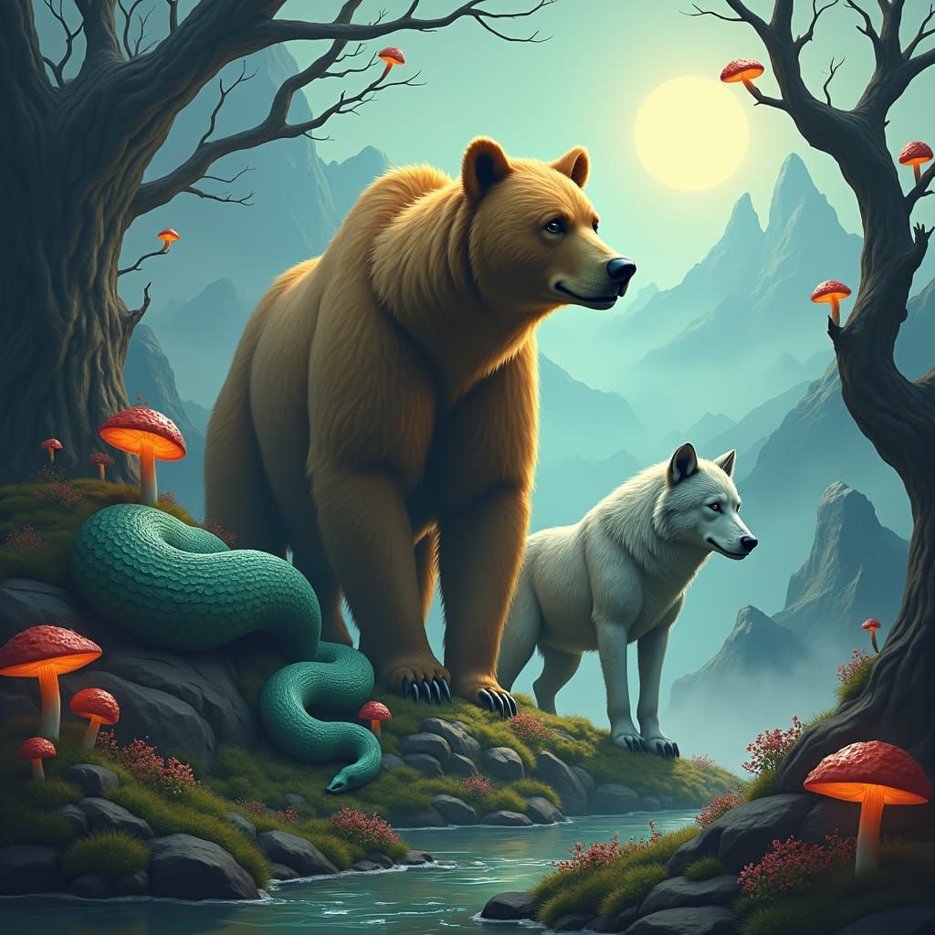 Mystical Landscape with Bear, Wolf, and Snake