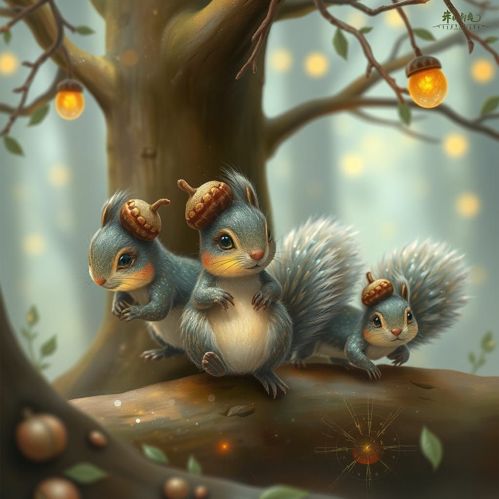 Whimsical Squirrels in Enchanted Forest