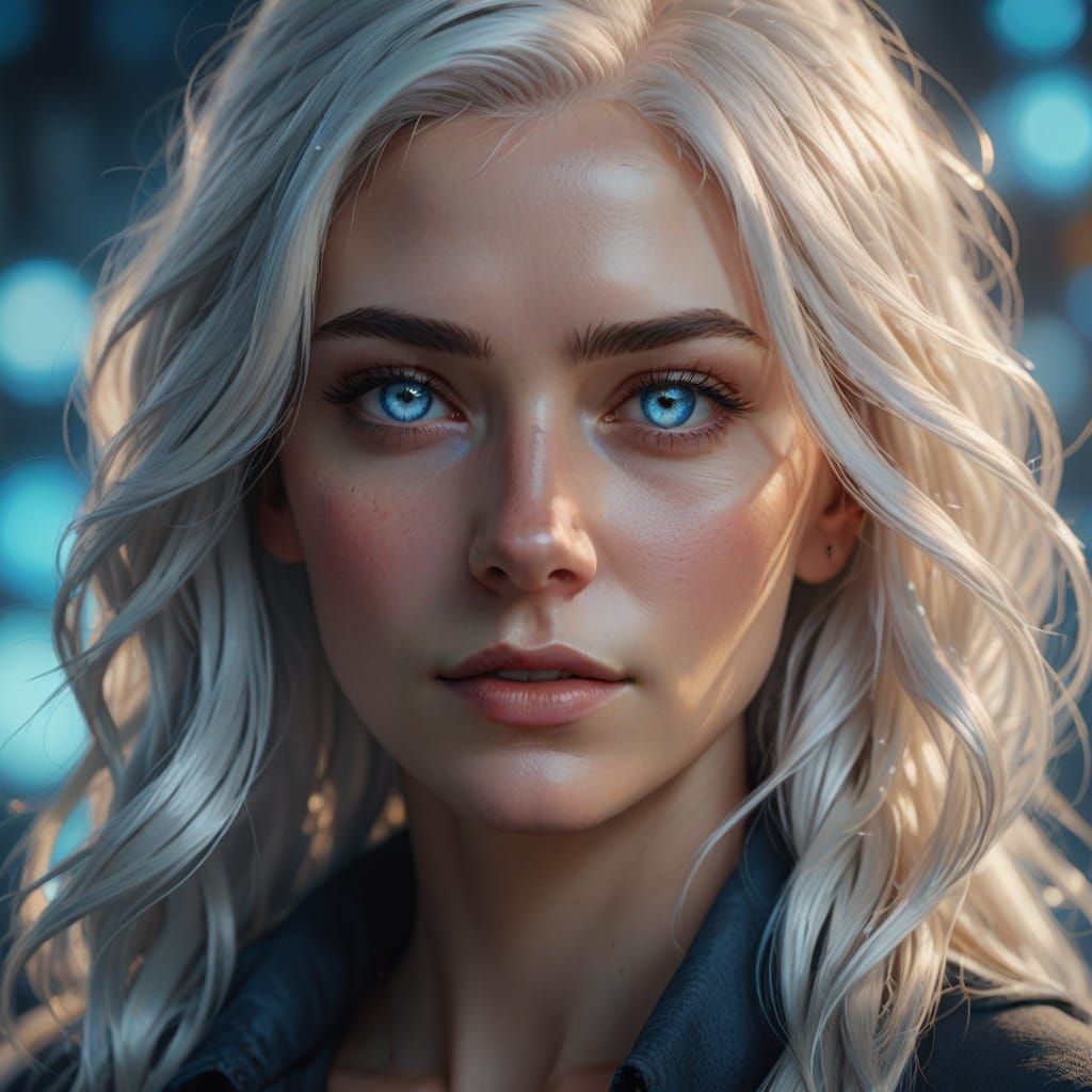 Girl with White Hair and Blue Eyes: Digital Portrait