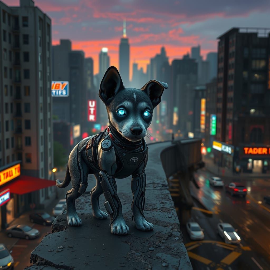 Cybernetic Puppy Overlooking Decaying Metropolis