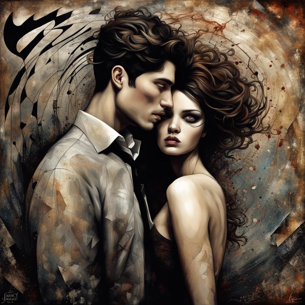 Mysterious Loving Couple in Grunge Art Style