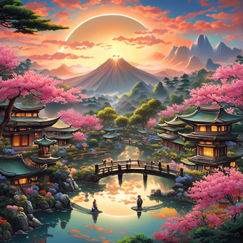 Japanese Garden with Eclipse in Artistic Style