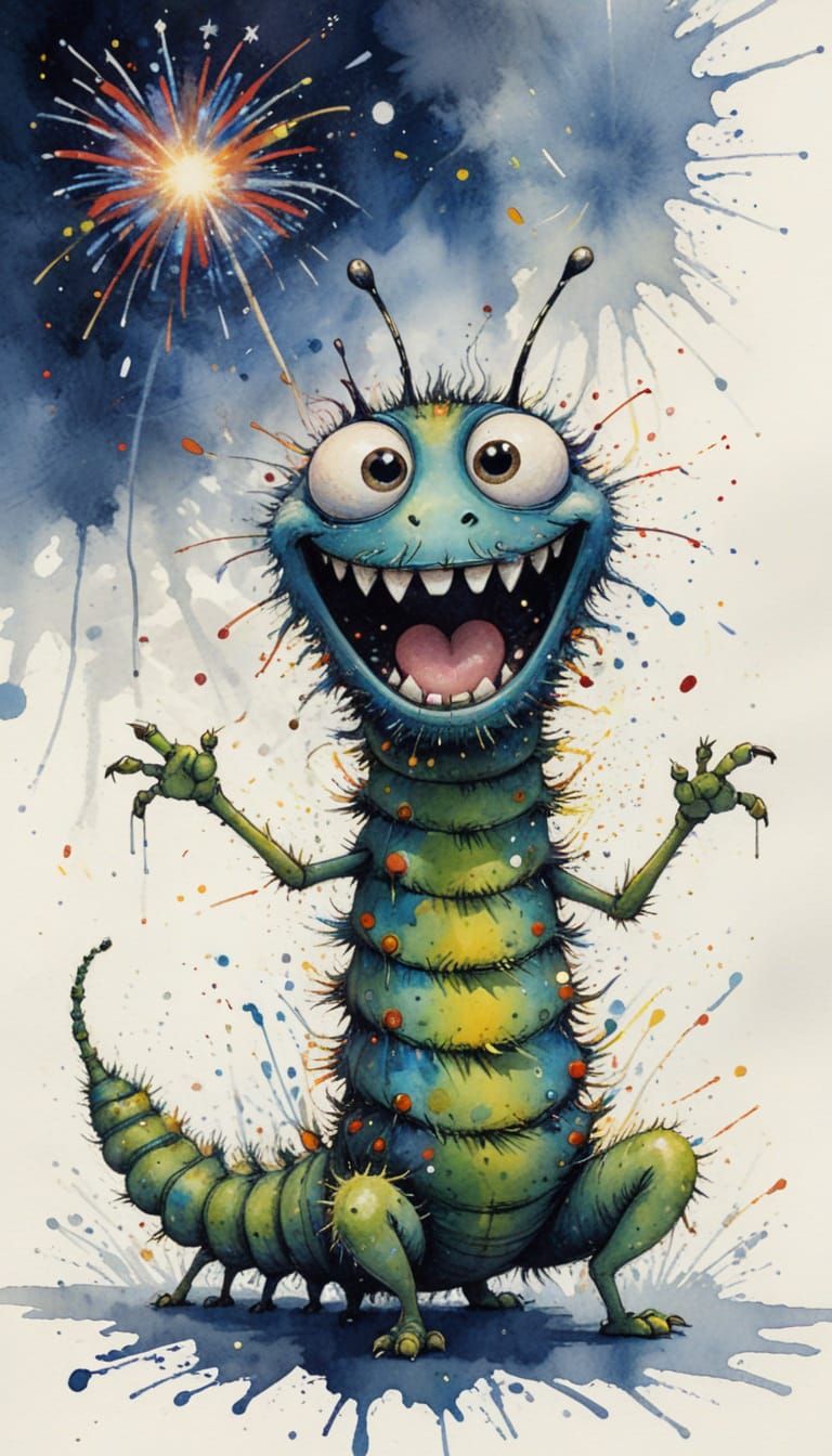 Excited Anthropomorphic Caterpillar with Fireworks, Ink Spla...