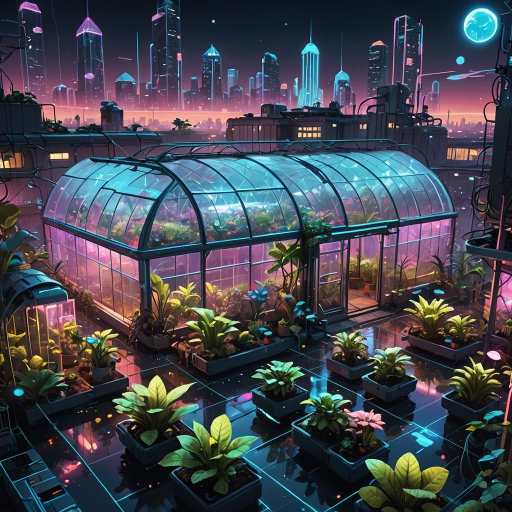 Futuristic AI Greenhouse with Bioluminescent Plants