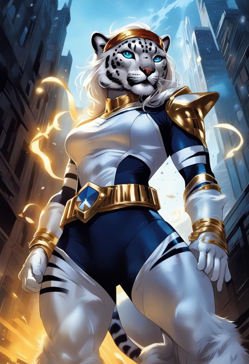 Gigantic Anthro Snow Leopard Superhero in Utopian City