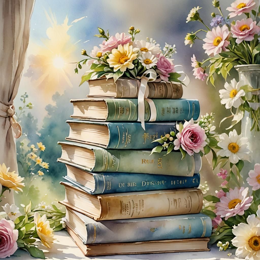 Watercolor Books and Flowers in Shabby Chic Style