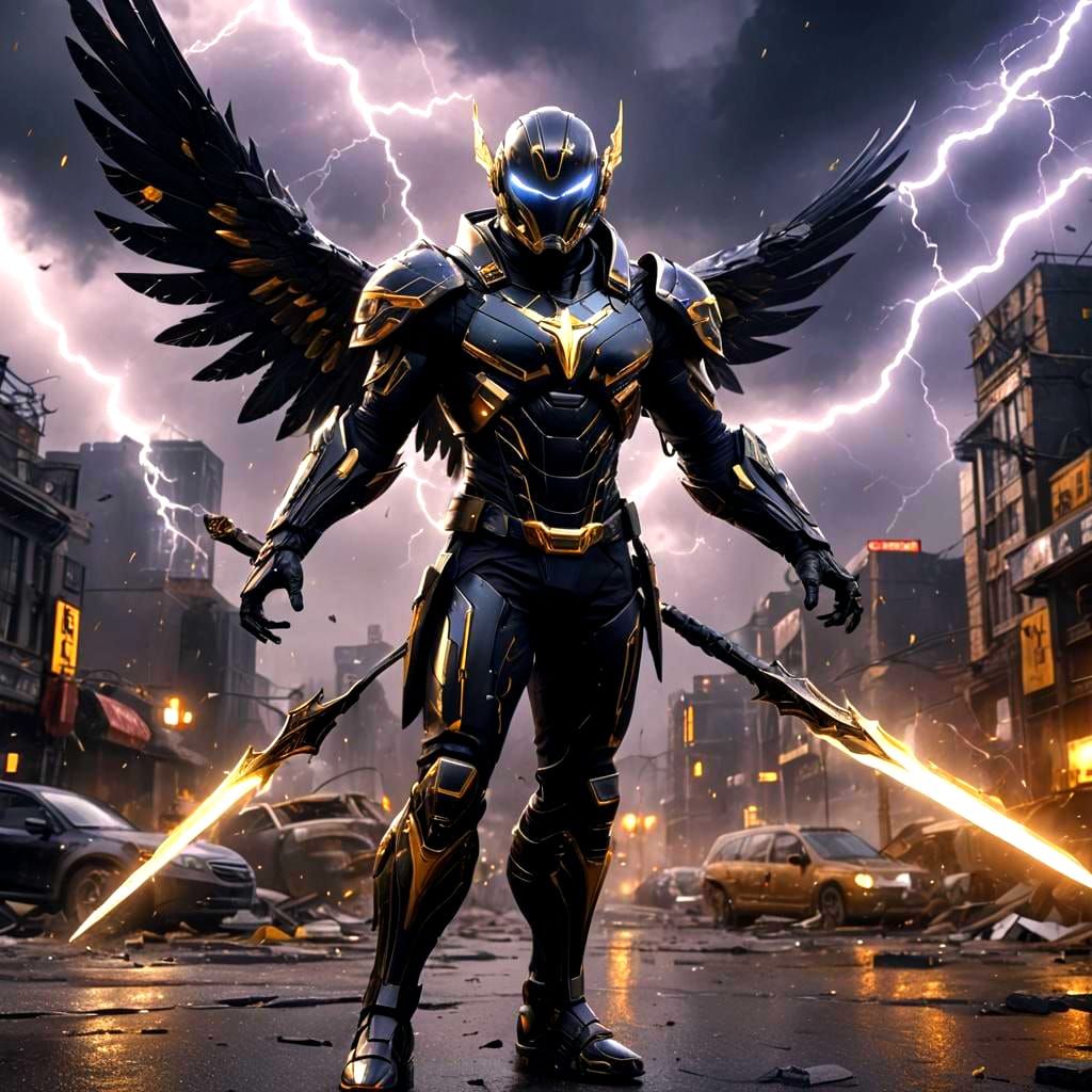 Cybernetic Falcon Superhero with Sword and Lightning