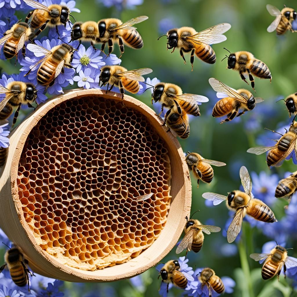 Honey Bee Skep with Bees in Flight