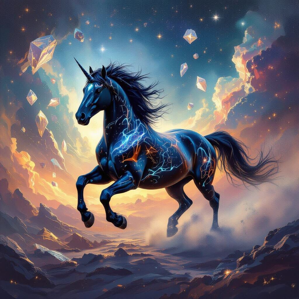 Majestic Zorse Gallops Through Nebula Sky in Van Gogh Style
