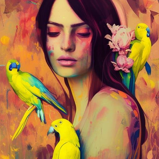 Woman Surrounded by Parrots: A Digital Portrait