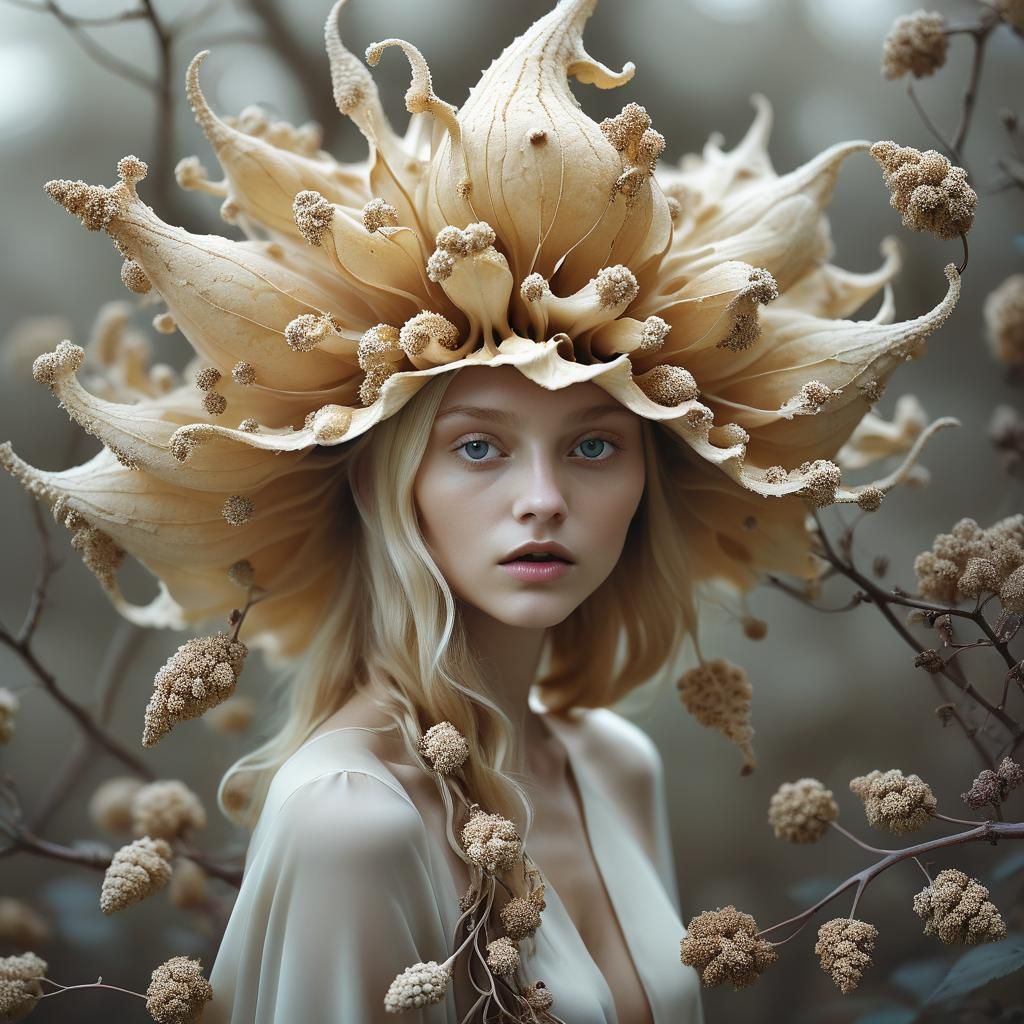 Surreal Seed Pod Fairy in Dream Landscape