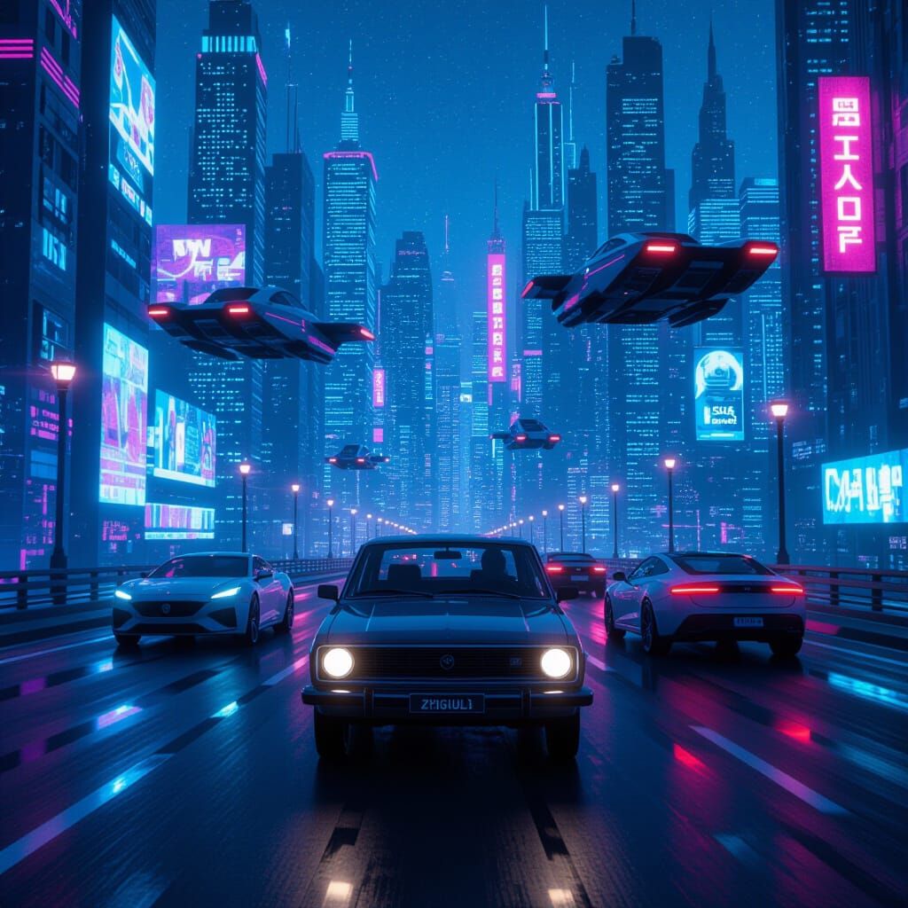 Cyberpunk City Night with Flying Cars and Zhiguli
