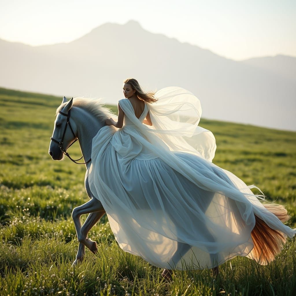 Amazon Woman Rides Horse Through Lush Field
