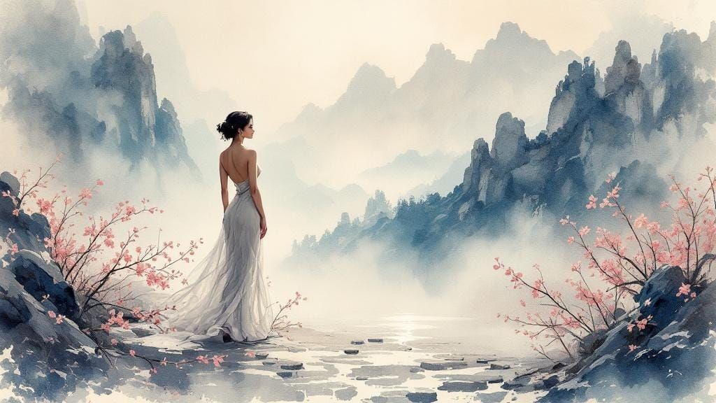 Pin-Up Serenity: Atmospheric Watercolor Fusion