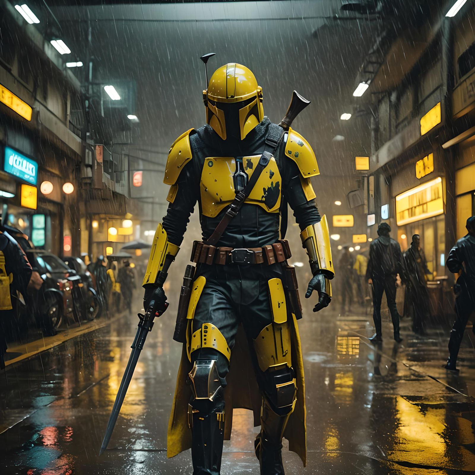 Cyberpunk Mandalorian with Yellow Helmet in Rainy City