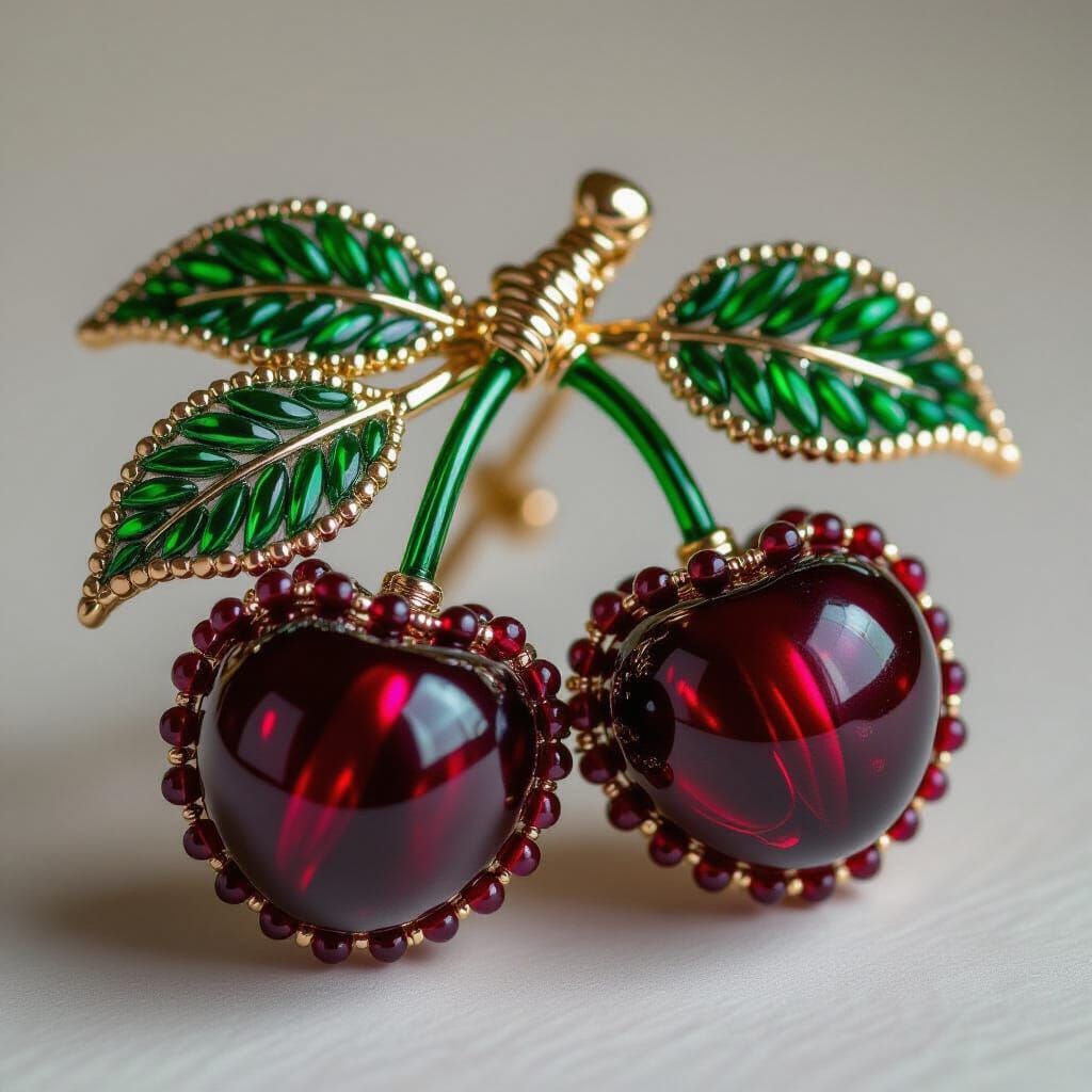 Luxurious Cherry Brooch with Ruby and Garnet Beads